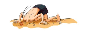 Clipart die eine Person zeigt, die den Kopf in den Sand steckt. Zu sehen sind nur Arme, Körper und Beine in vorgebeugter Haltung mit den Knien auf den Boden.